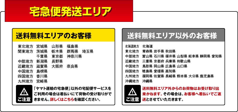 送料無料エリア：青森県・秋田県・岩手県・宮城県・山形県・福島県・茨城県・栃木県・群馬県・埼玉県・千葉県・東京都・神奈川県・山梨県・静岡県・長野県・新潟県・富山県・石川県・福井県・愛知県・三重県・岐阜県・滋賀県・奈良県・京都府・大阪府・和歌山県・兵庫県